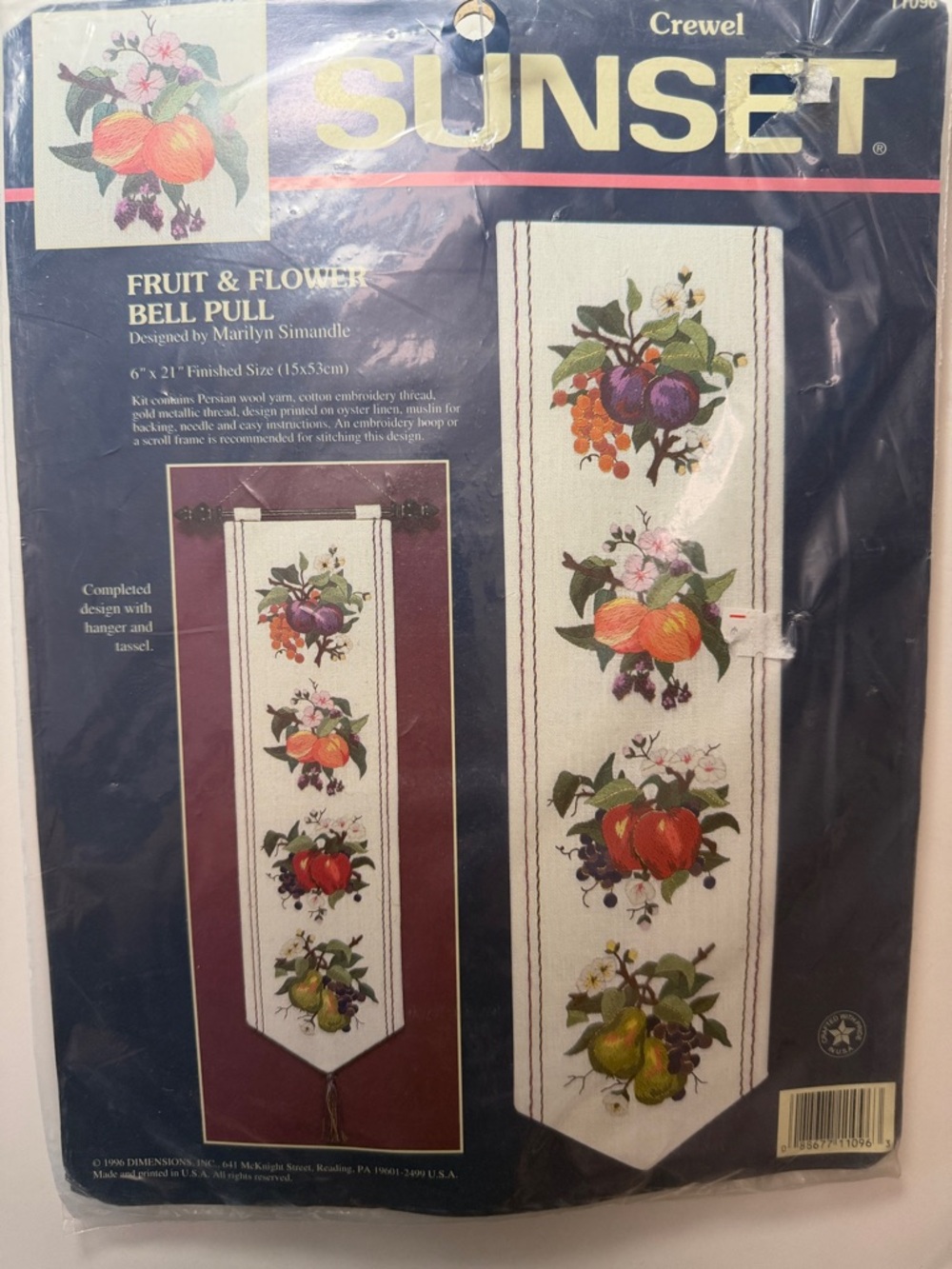 Fruit & Flower Bell Pull Dimensions Sunset 1996 year Crewel